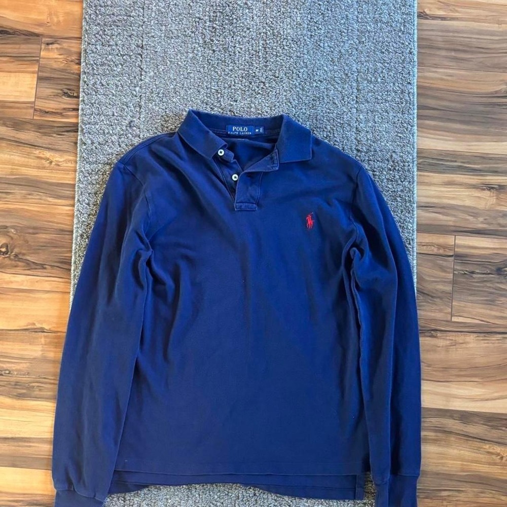 Polo Ralph Lauren Custom Fit Long Sleeve Polo Shirt Navy Blue Medium